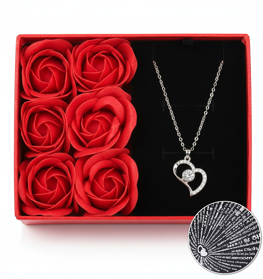 Colar Eu te Amo (100 Idiomas) + Caixa com Rosas
